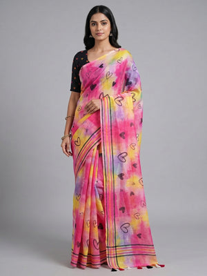 Peachmode Multicolor Linen Cotton Heart Print Saree - Image 1