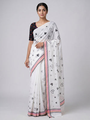 Peachmode White Linen Cotton Heart Print Saree - Image 1