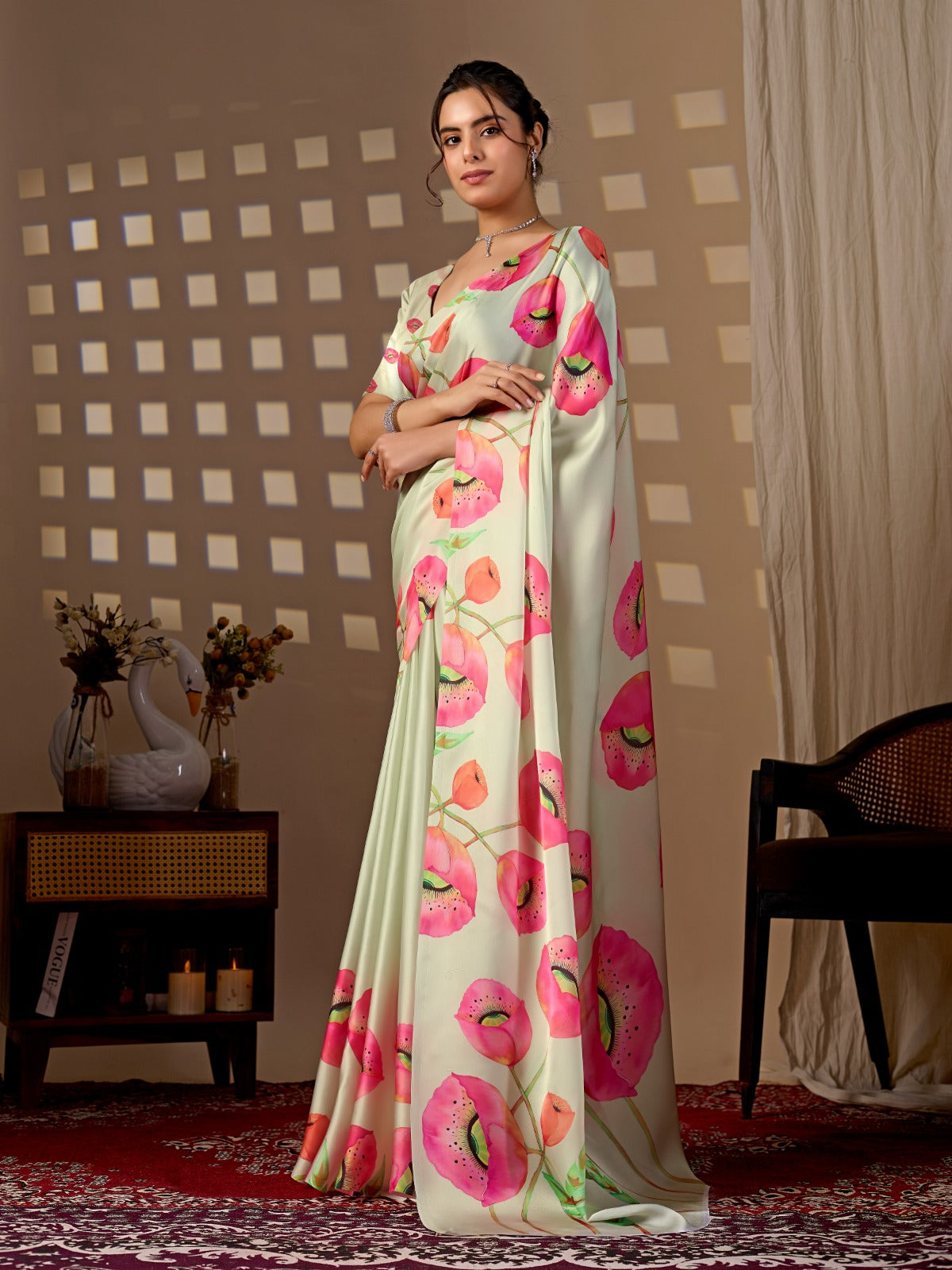 Peachmode Pista Green Satin Georgette Floral Print Saree - Image 1