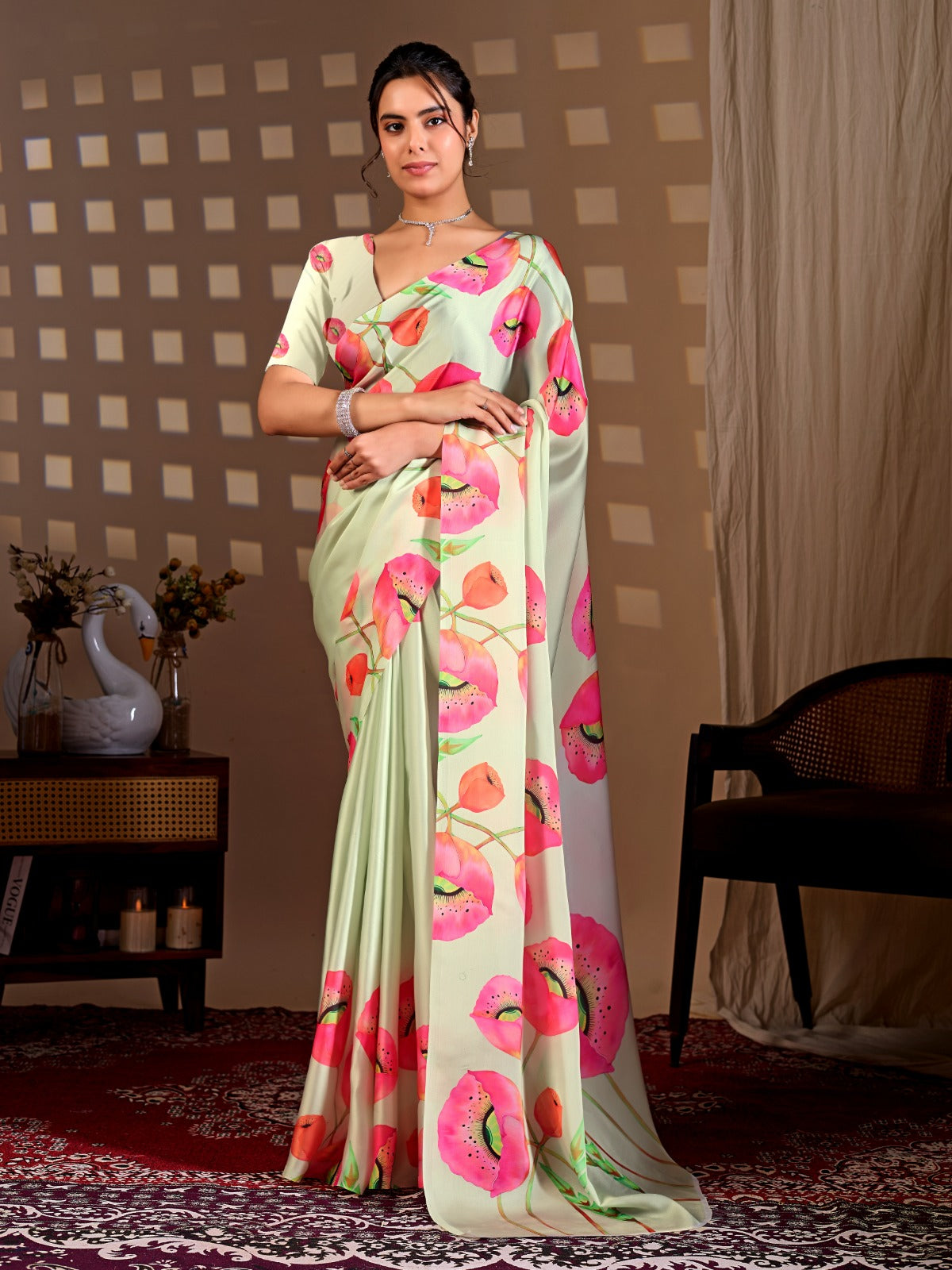 Peachmode Pista Green Satin Georgette Floral Print Saree - Image 3