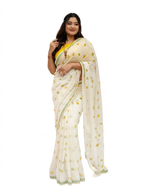 Peachmode White Linen Lemon Print Saree - Image 2