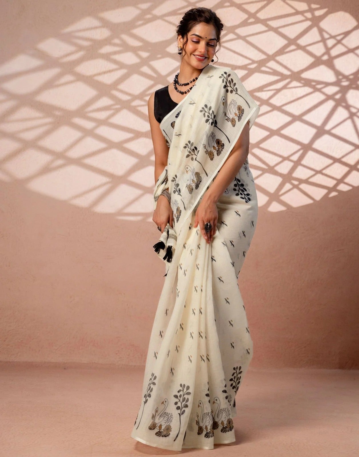 Peachmode White Linen Swan Motif Print Saree - Image 1