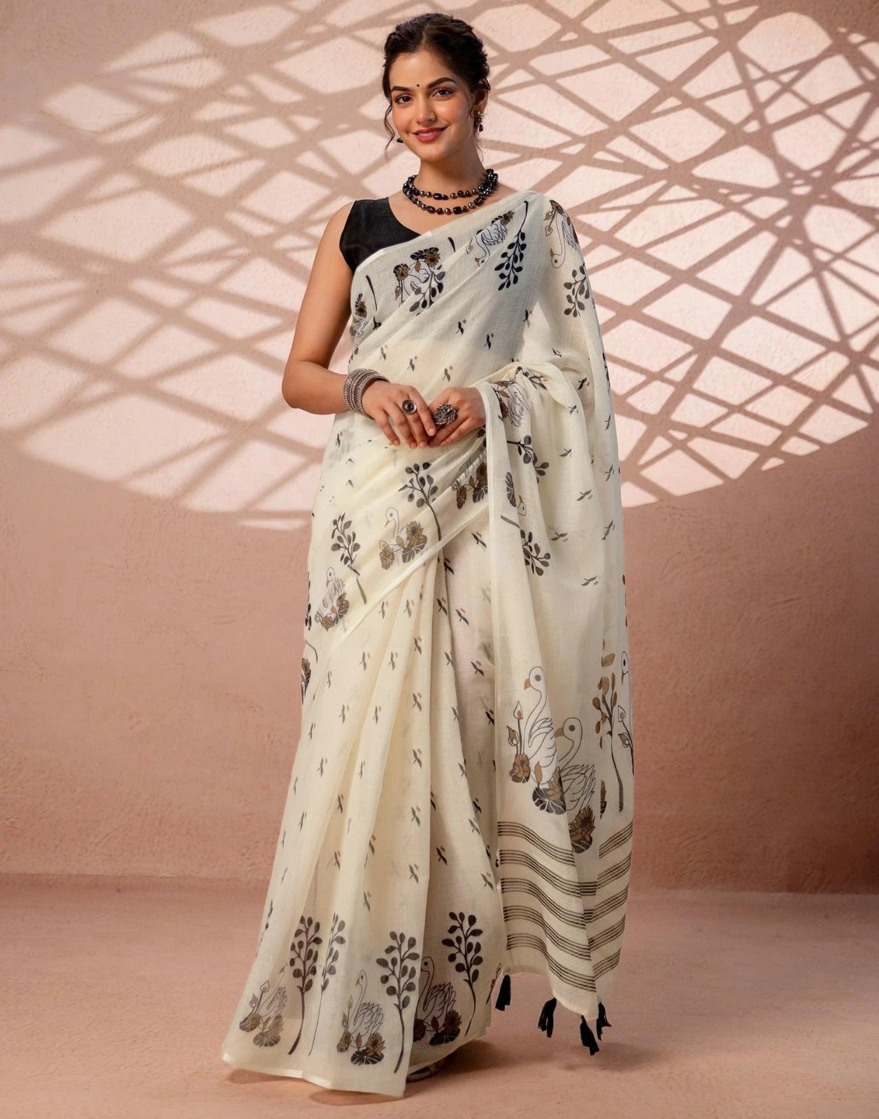 Peachmode White Linen Swan Motif Print Saree - Image 3