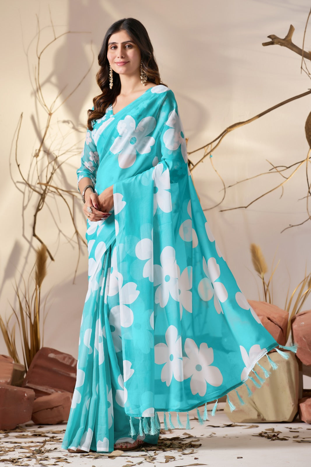 Peachmode Aqua Blue Georgette Floral Print Saree - Image 1