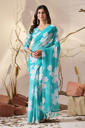 Peachmode Aqua Blue Georgette Floral Print Saree - Image 2