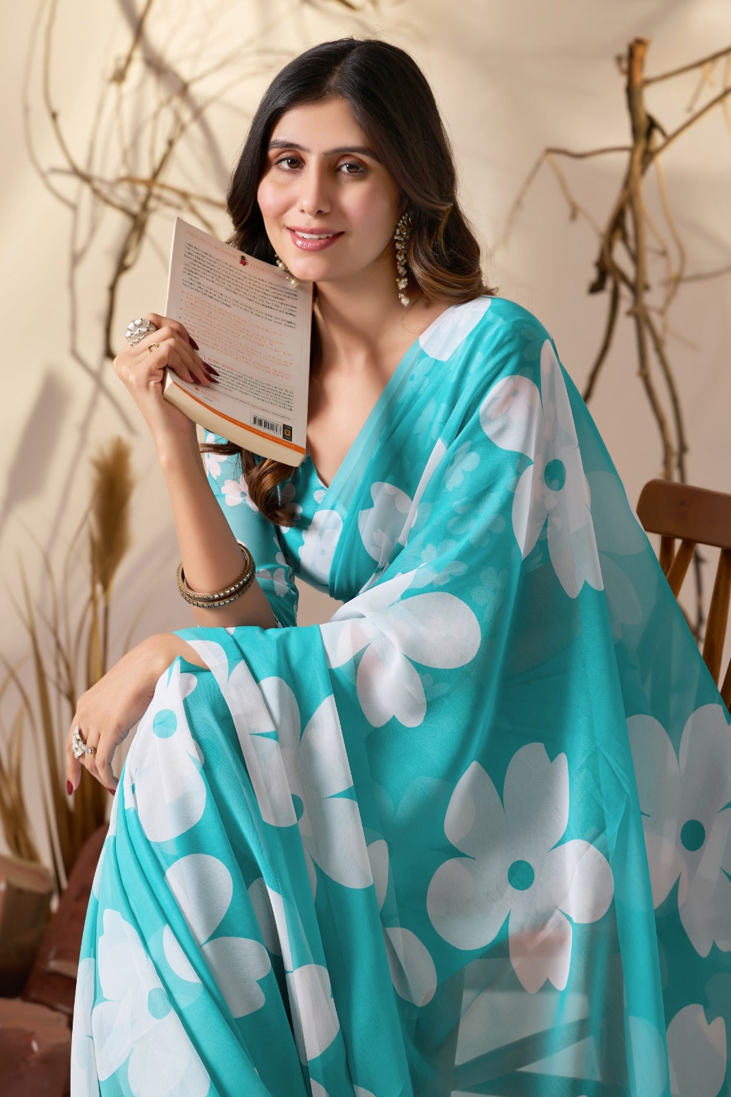 Peachmode Aqua Blue Georgette Floral Print Saree - Image 6