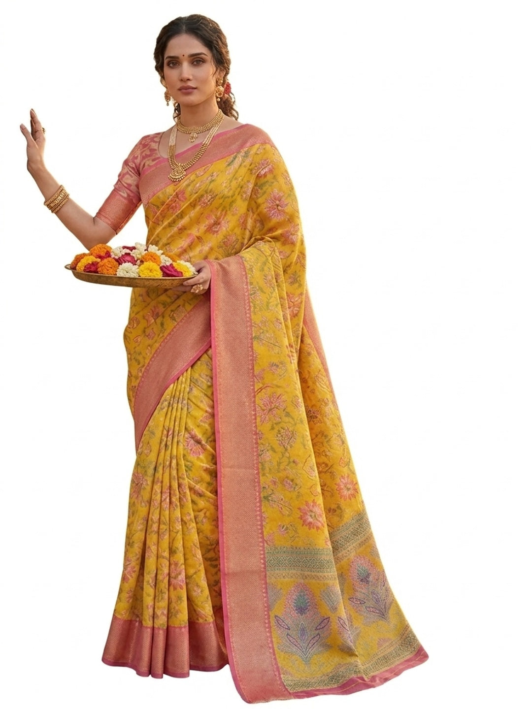 Peachmode Yellow Pink Dola Silk Zari Border Saree - Image 3