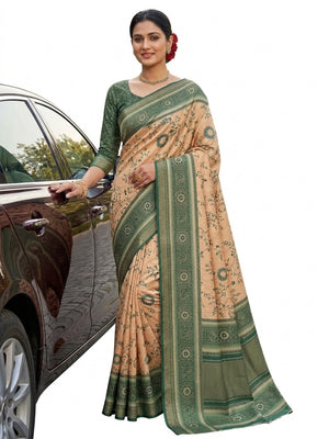 Peachmode Beige & Green Dola Silk Zari Border Saree - Image 2