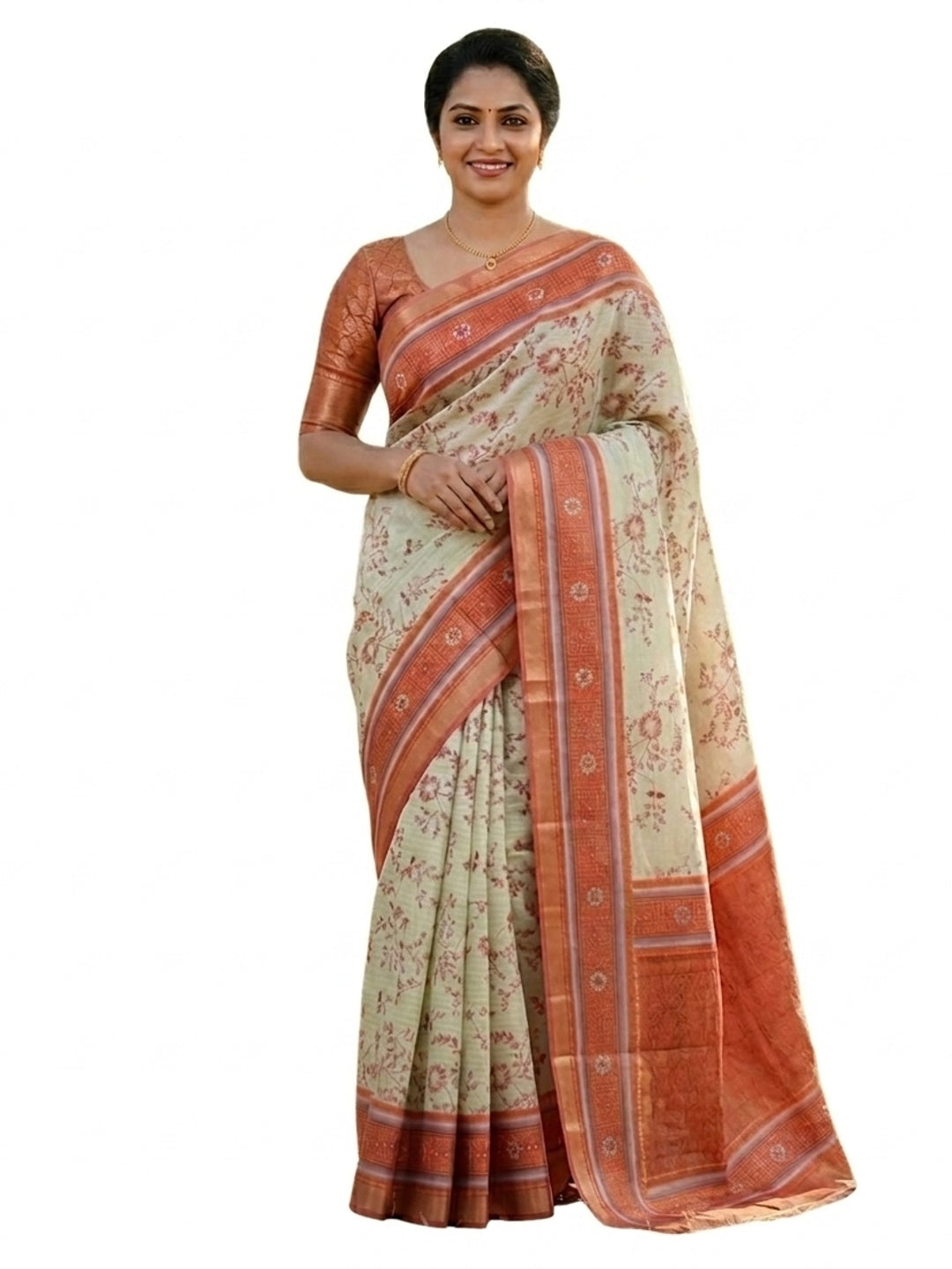 Peachmode Cream & Peach Dola Silk Zari Border Saree - Image 3