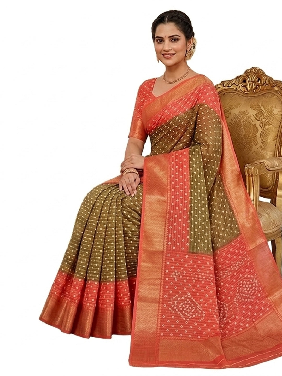 Peachmode Olive Orange Dola Silk Zari Border Saree - Image 3