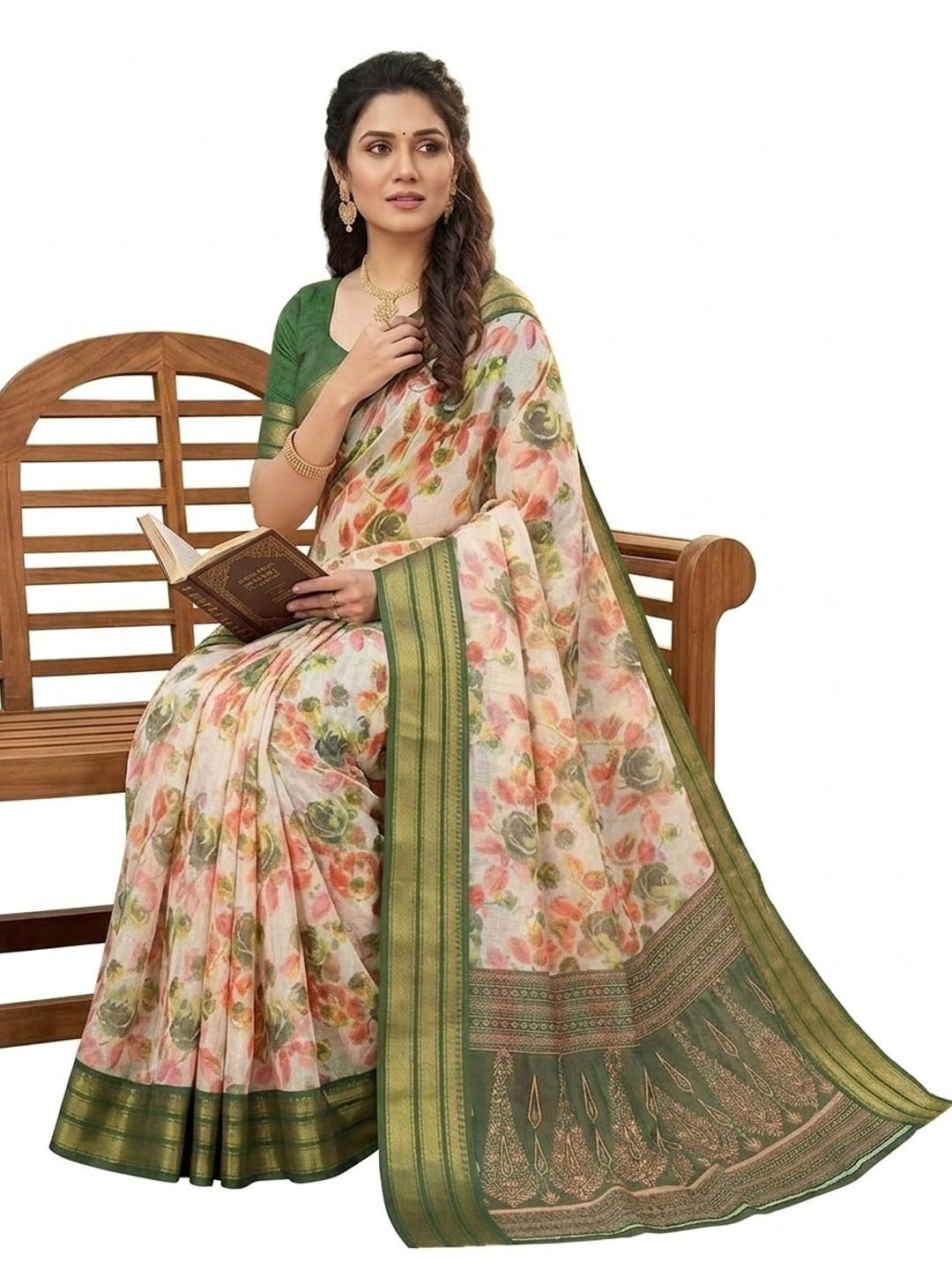 Peachmode Cream Green Dola Silk Zari Border Saree - Image 3