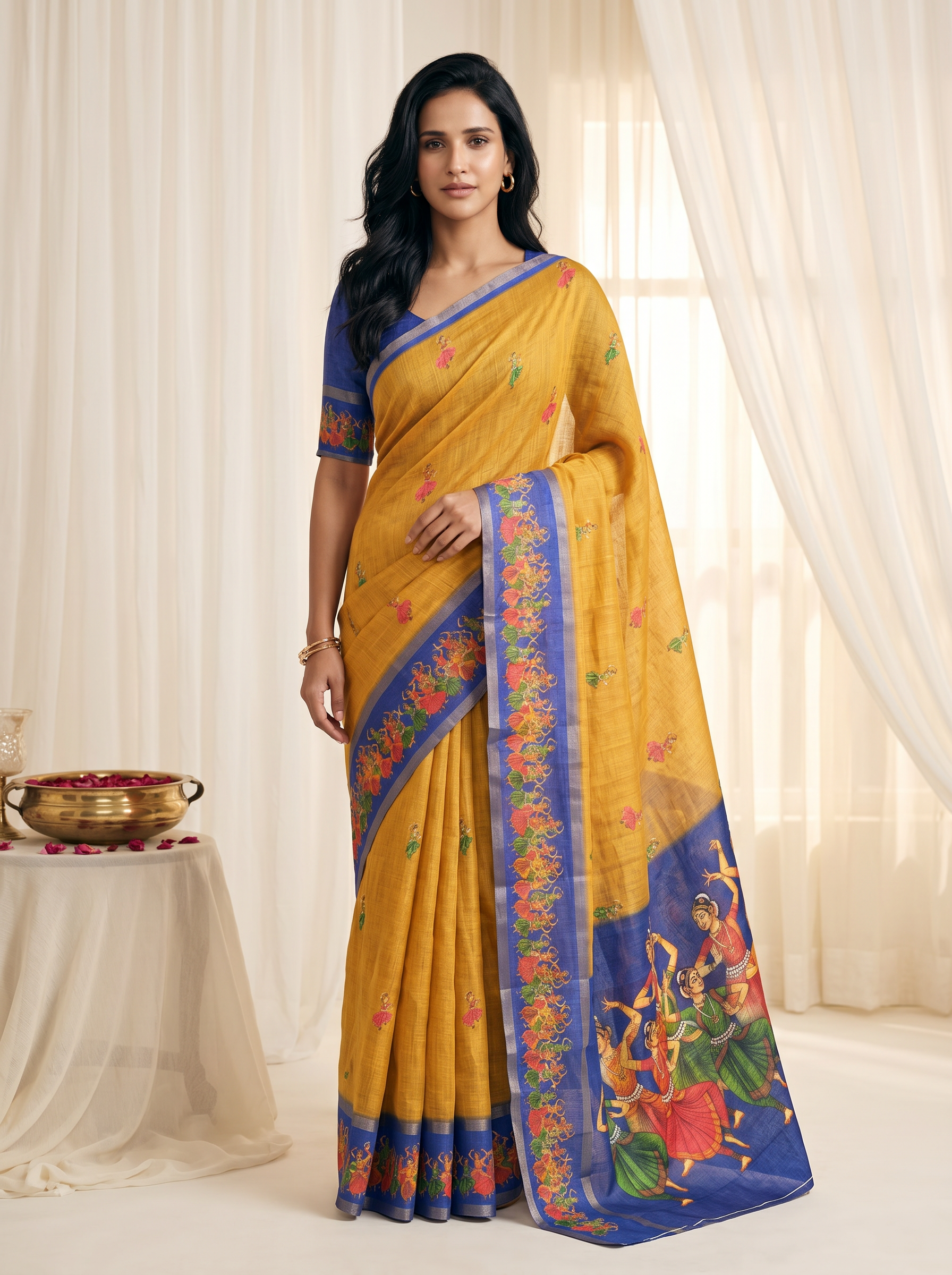 Peachmode Mustard Linen Cotton Zari Bentex Border Saree - Image 1