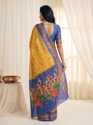 Peachmode Mustard Linen Cotton Zari Bentex Border Saree - Image 2
