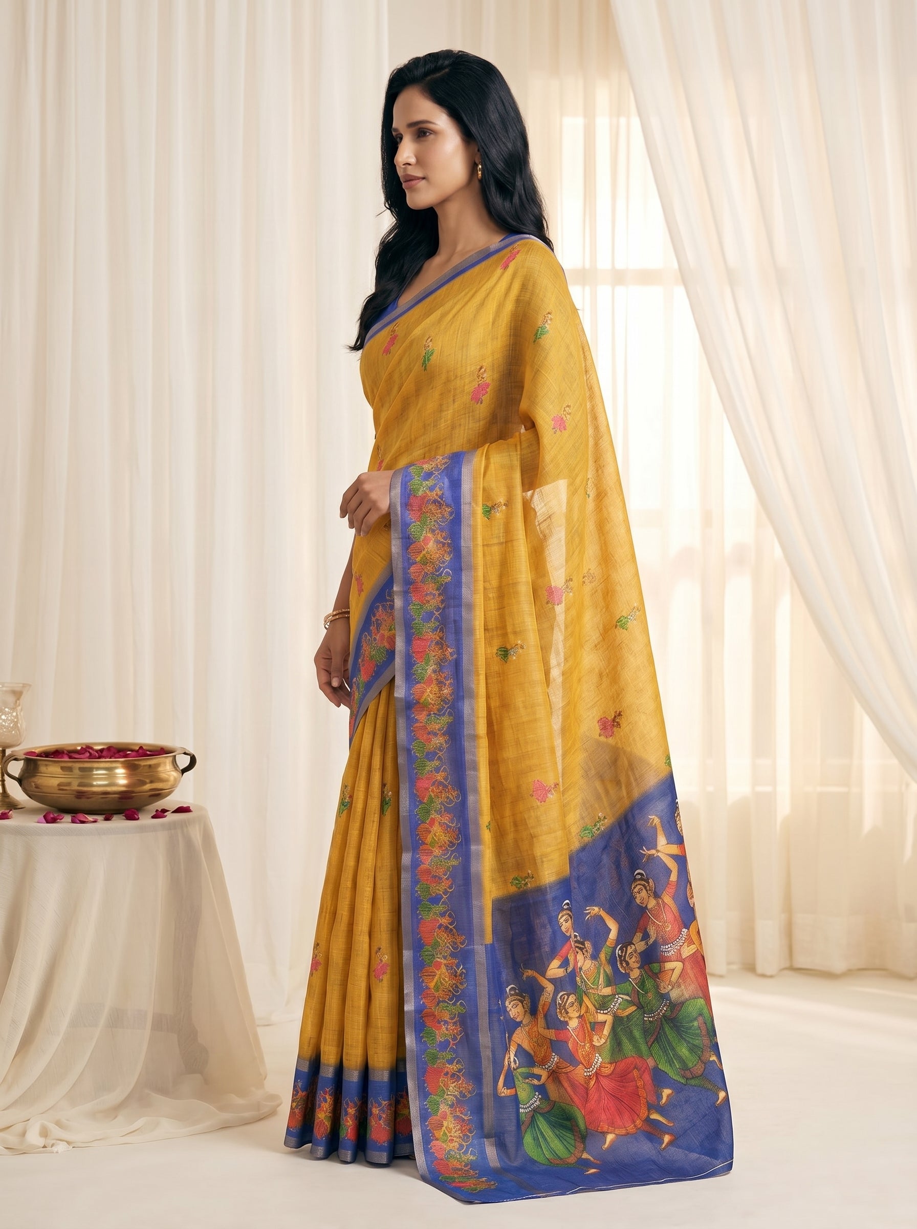Peachmode Mustard Linen Cotton Zari Bentex Border Saree - Image 4