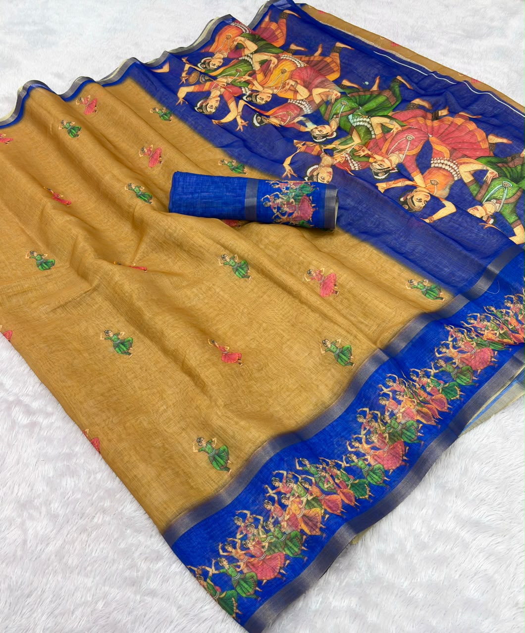 Peachmode Mustard Linen Cotton Zari Bentex Border Saree - Image 5
