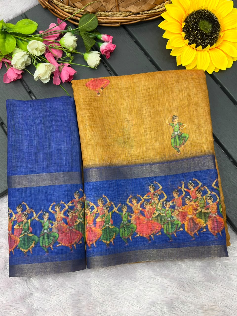 Peachmode Mustard Linen Cotton Zari Bentex Border Saree - Image 6
