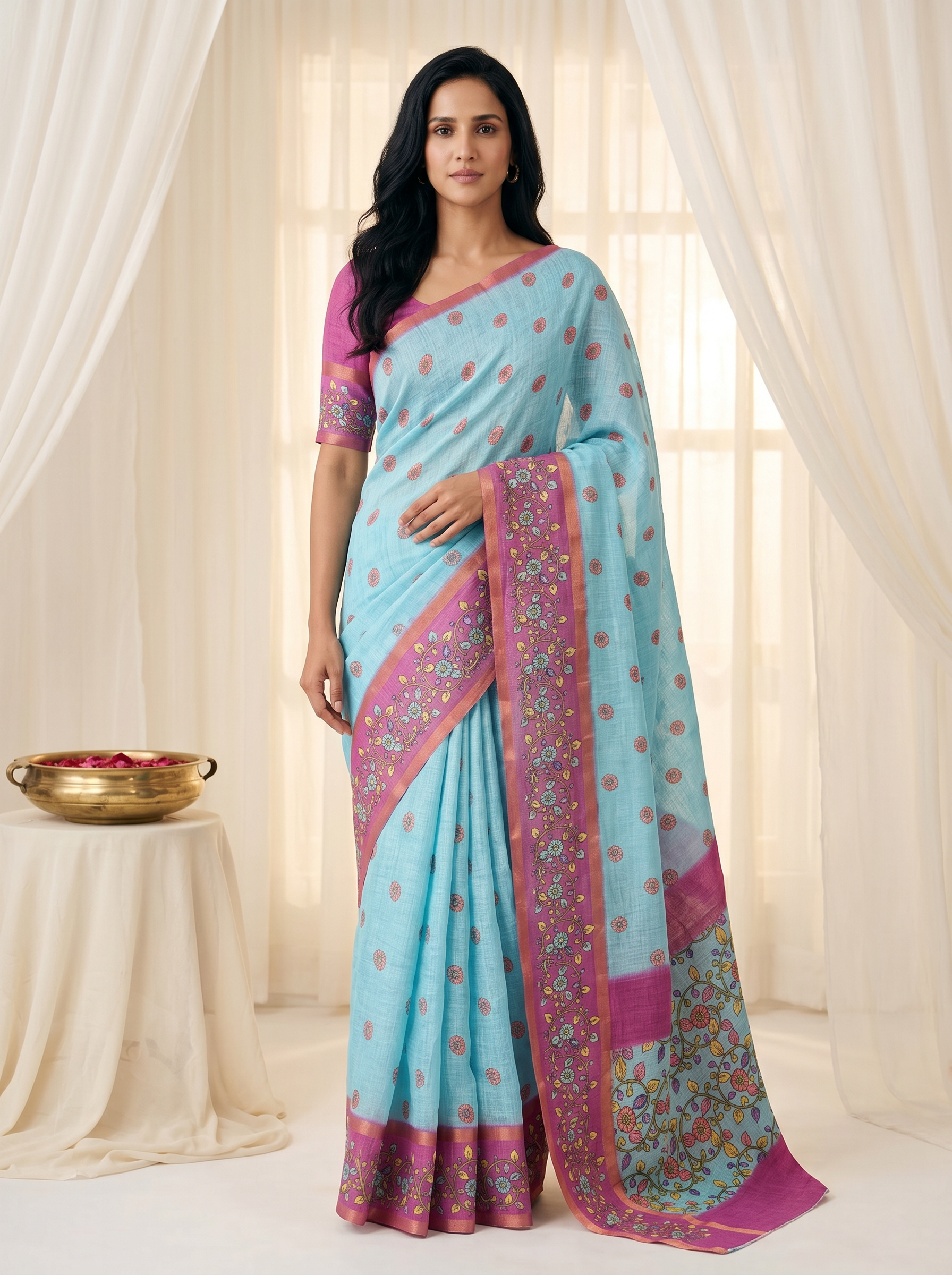 Peachmode Sky Blue Linen Cotton Zari Bentex Border Saree - Image 1