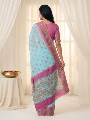 Peachmode Sky Blue Linen Cotton Zari Bentex Border Saree - Image 2