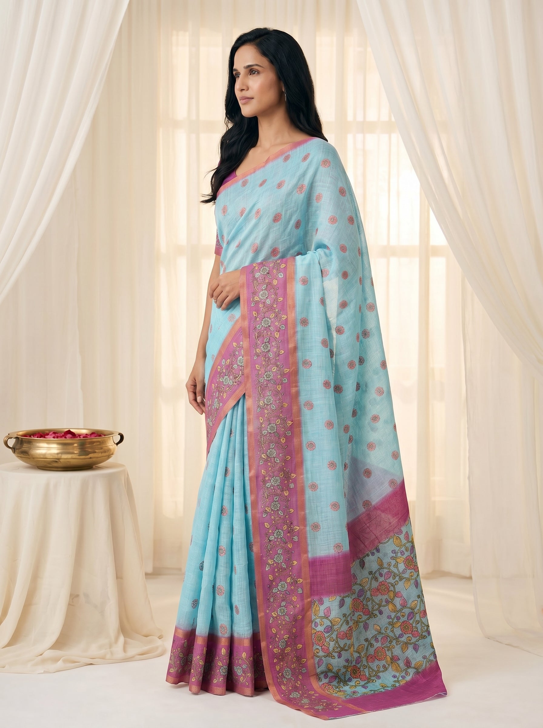 Peachmode Sky Blue Linen Cotton Zari Bentex Border Saree - Image 4