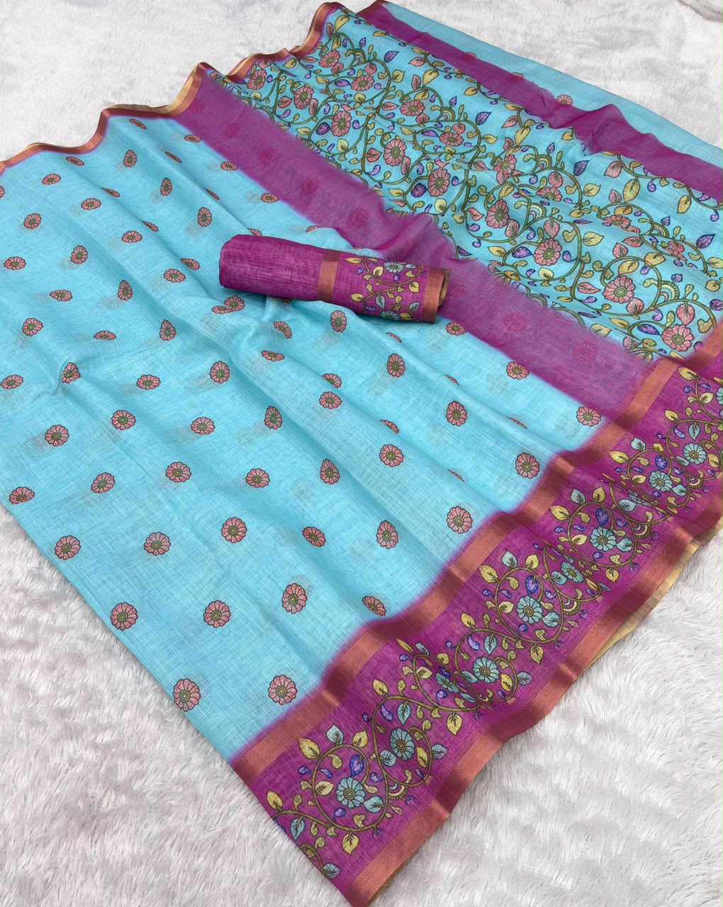 Peachmode Sky Blue Linen Cotton Zari Bentex Border Saree - Image 5