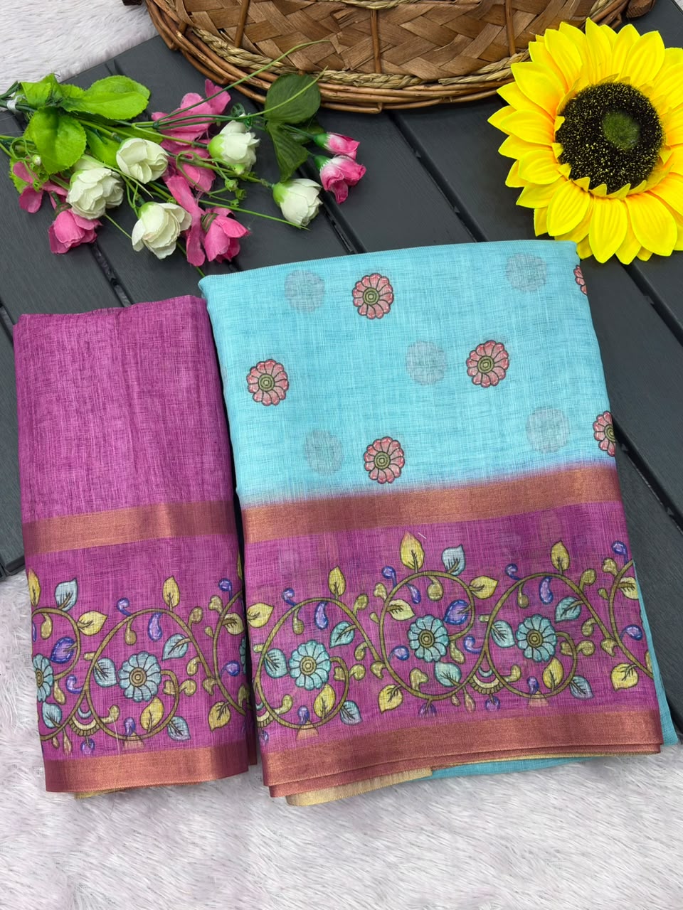 Peachmode Sky Blue Linen Cotton Zari Bentex Border Saree - Image 6