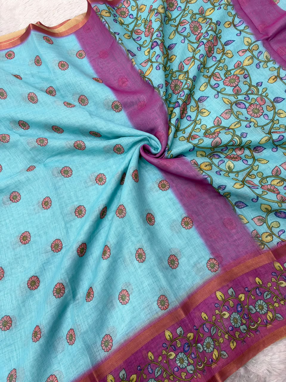 Peachmode Sky Blue Linen Cotton Zari Bentex Border Saree - Image 7