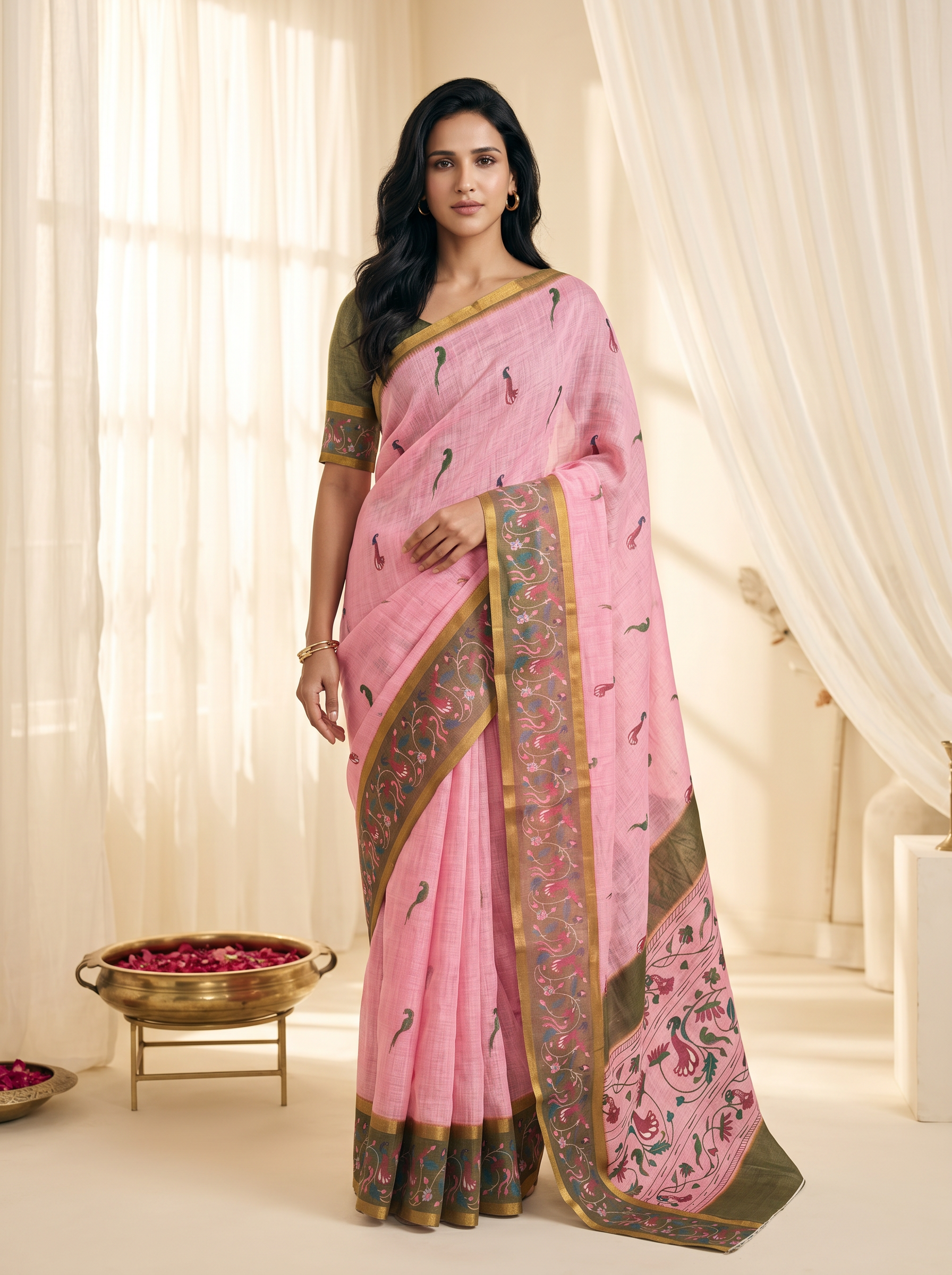Peachmode Pink Linen Cotton Zari Bentex Border Saree - Image 1