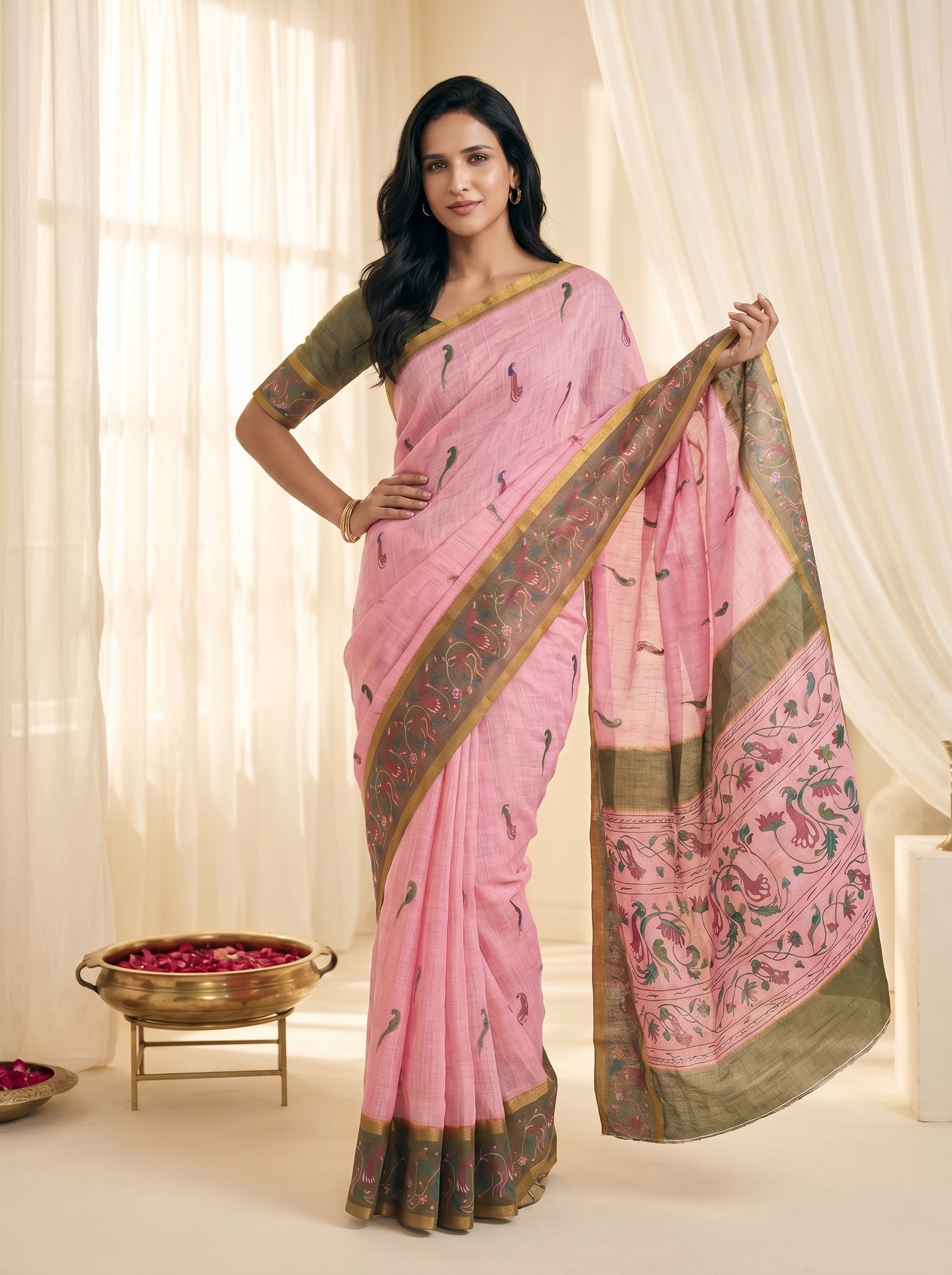 Peachmode Pink Linen Cotton Zari Bentex Border Saree - Image 3