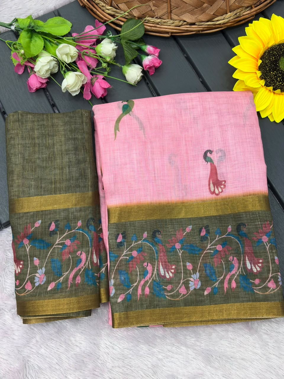 Peachmode Pink Linen Cotton Zari Bentex Border Saree - Image 5