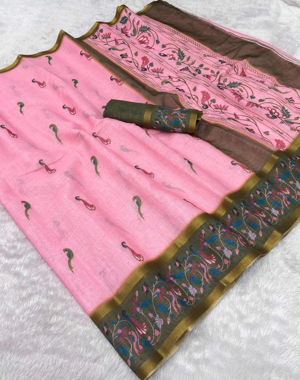 Peachmode Pink Linen Cotton Zari Bentex Border Saree - Image 6