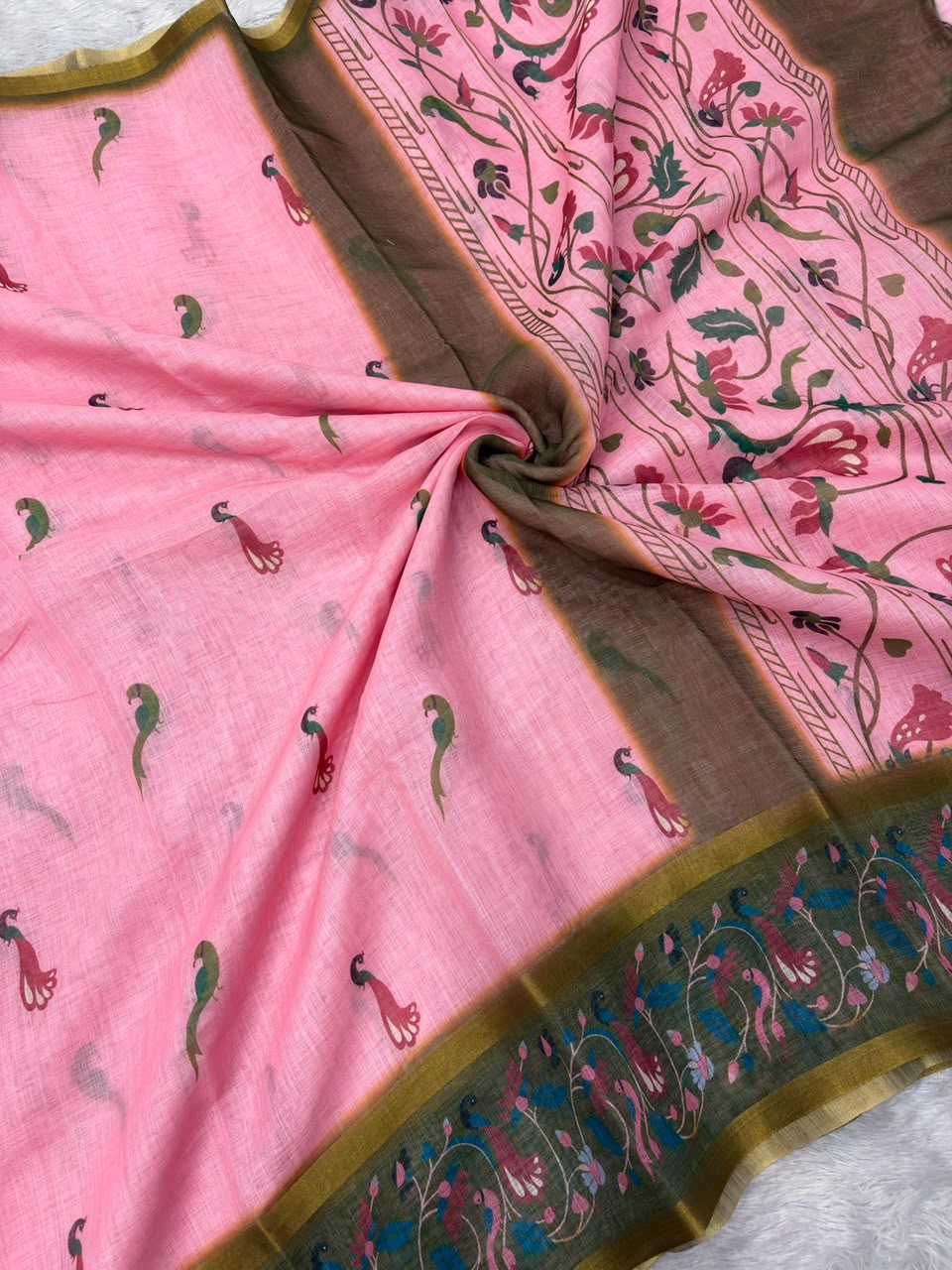Peachmode Pink Linen Cotton Zari Bentex Border Saree - Image 7