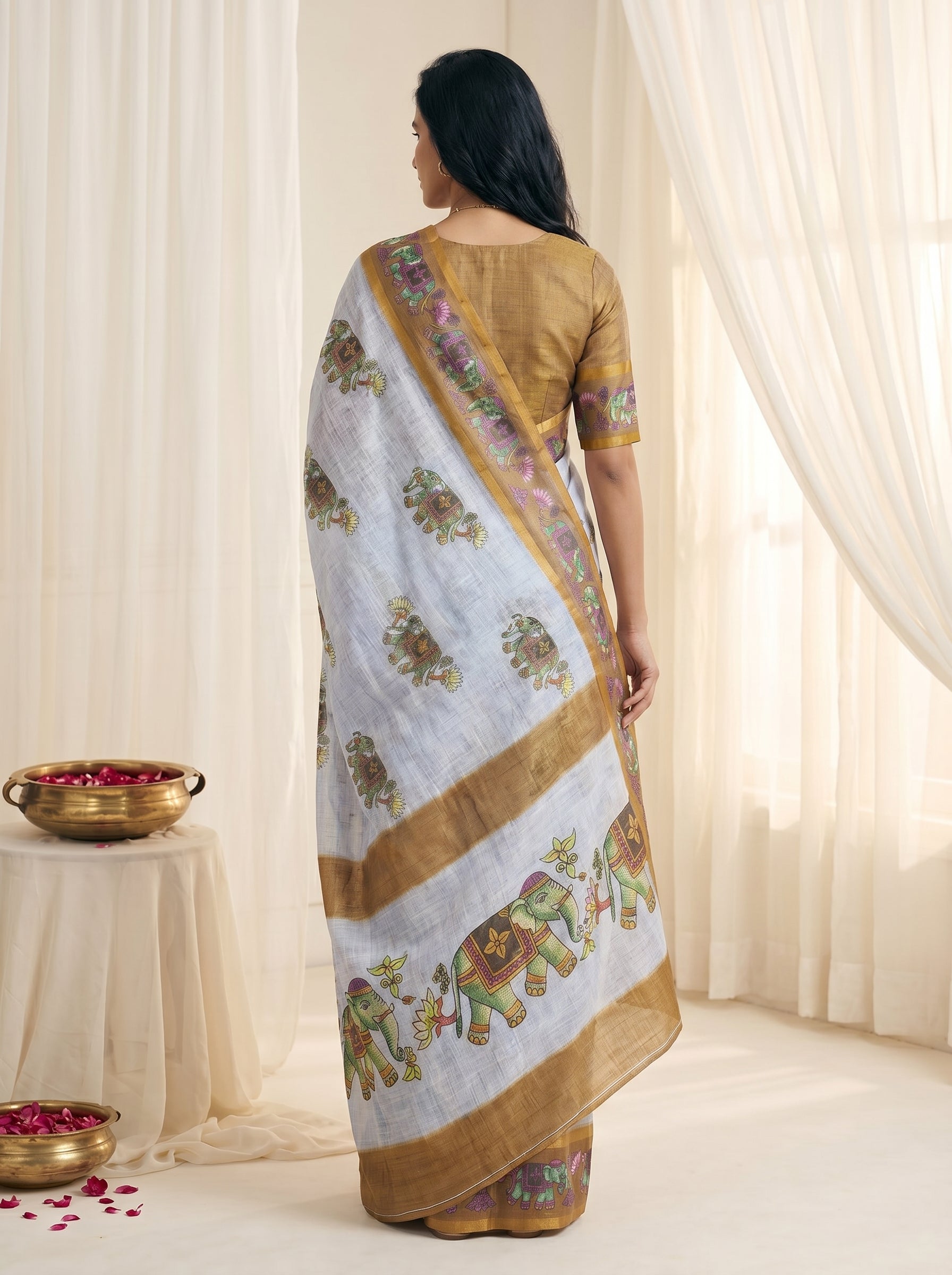 Peachmode White Linen Cotton Zari Bentex Border Saree - Image 2