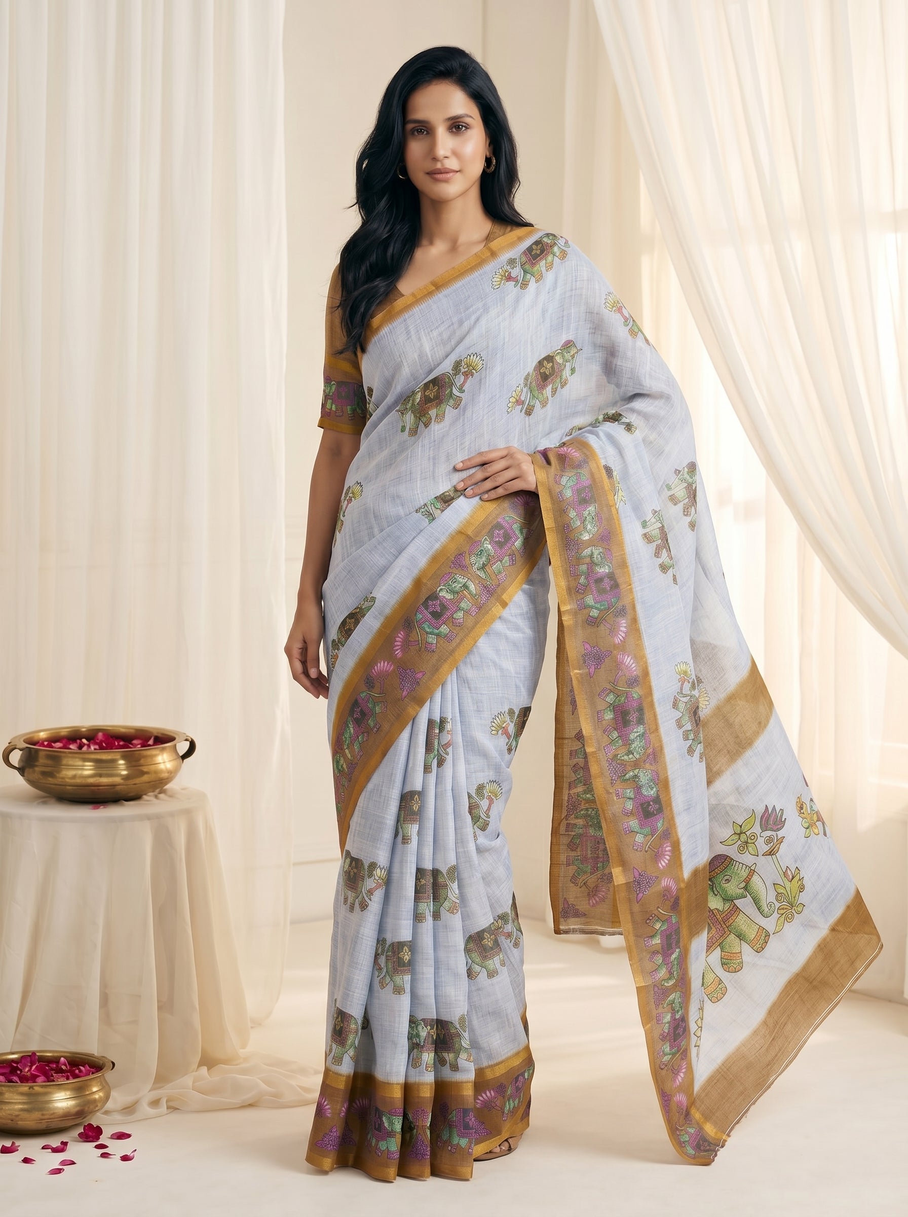 Peachmode White Linen Cotton Zari Bentex Border Saree - Image 3