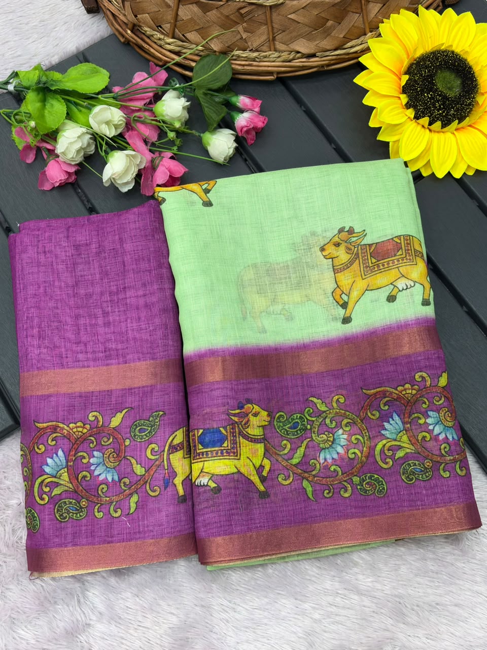 Peachmode Pista Linen Cotton Zari Bentex Border Saree - Image 5