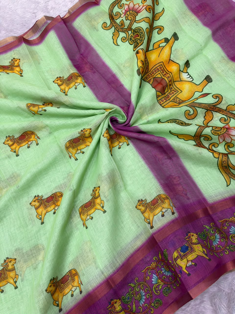 Peachmode Pista Linen Cotton Zari Bentex Border Saree - Image 6