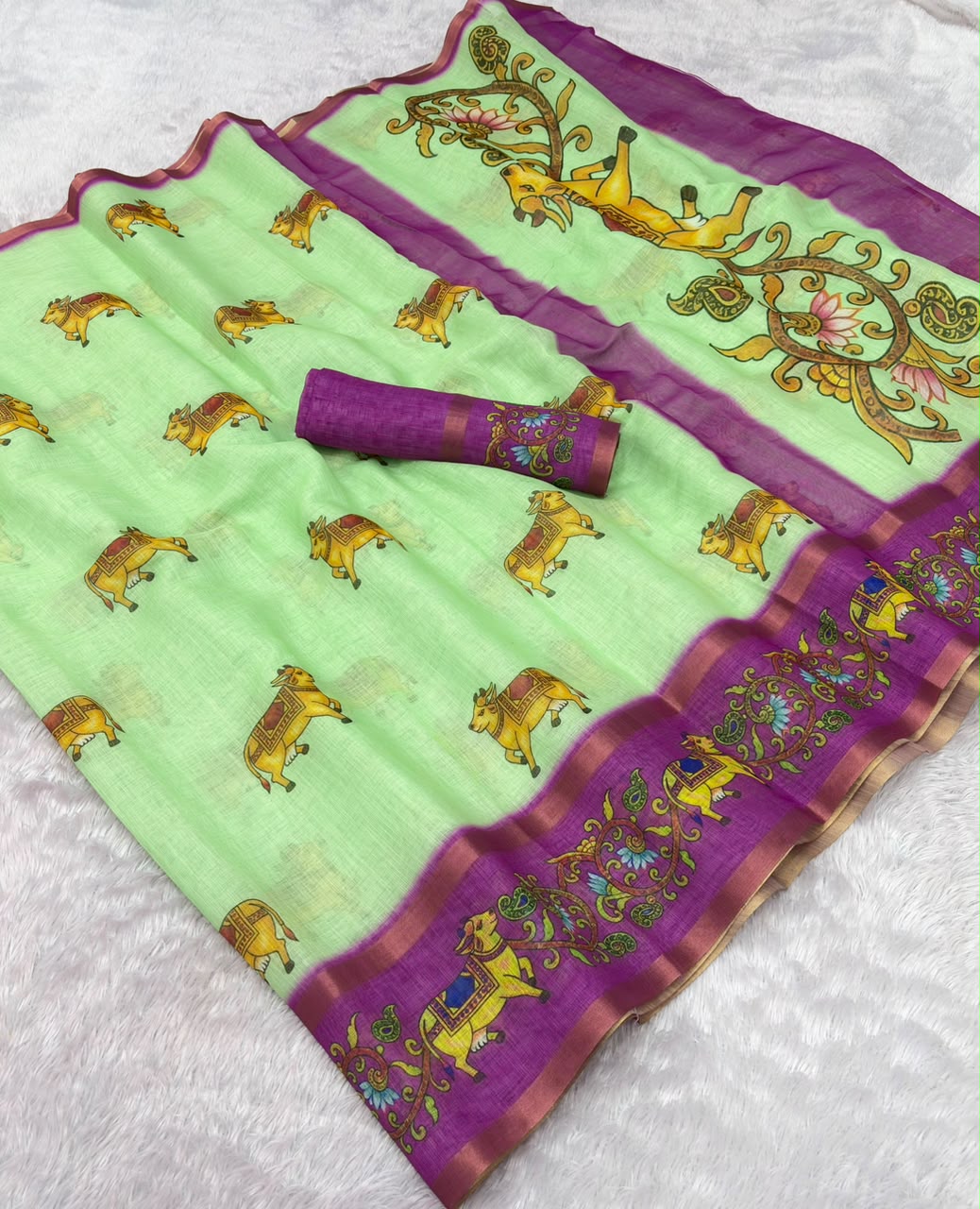Peachmode Pista Linen Cotton Zari Bentex Border Saree - Image 7