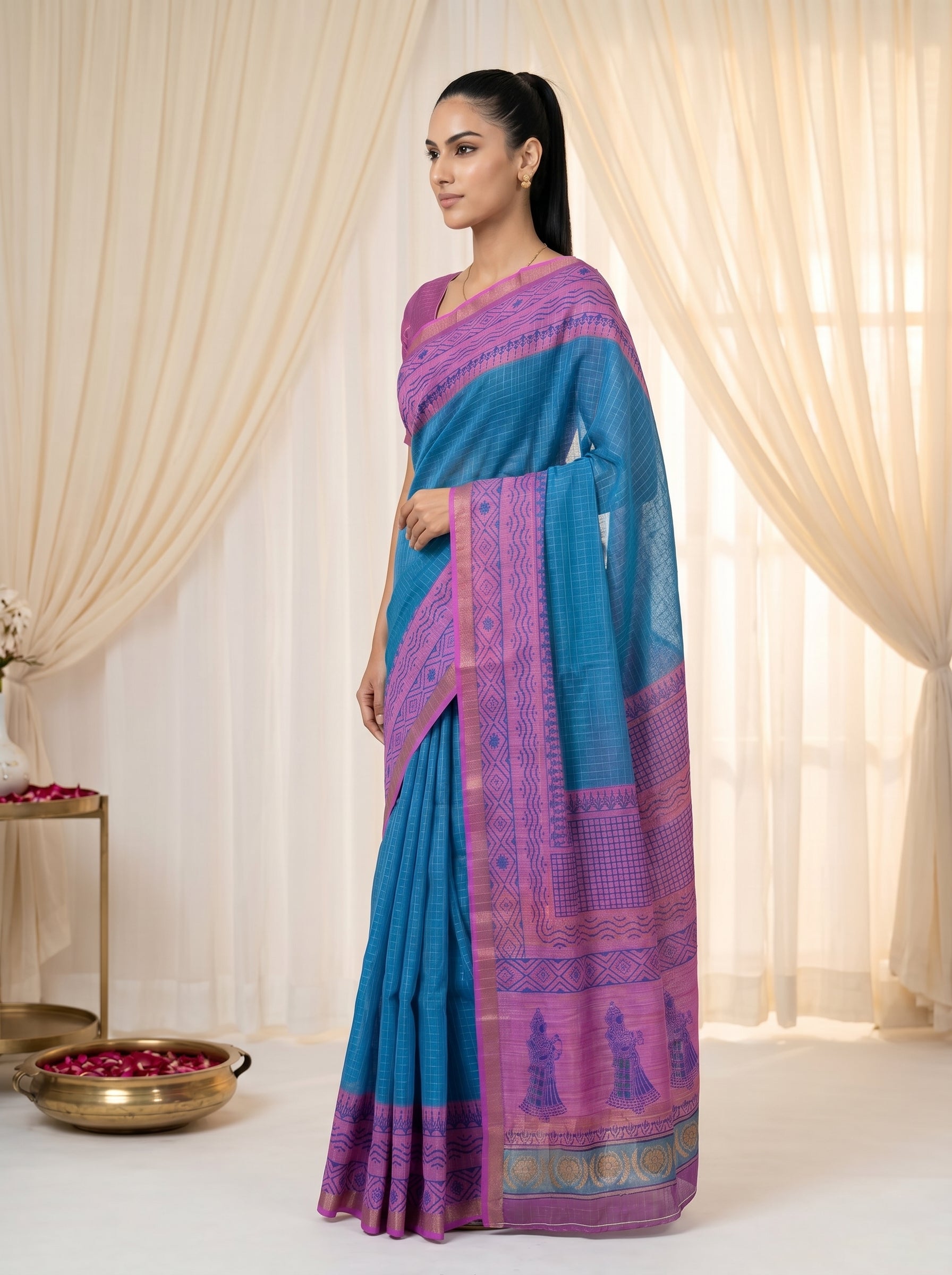 Peachmode Teal Blue Linen Cotton Checks Weave Digital Print Saree - Image 4