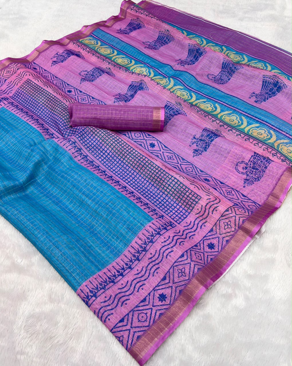 Peachmode Teal Blue Linen Cotton Checks Weave Digital Print Saree - Image 5