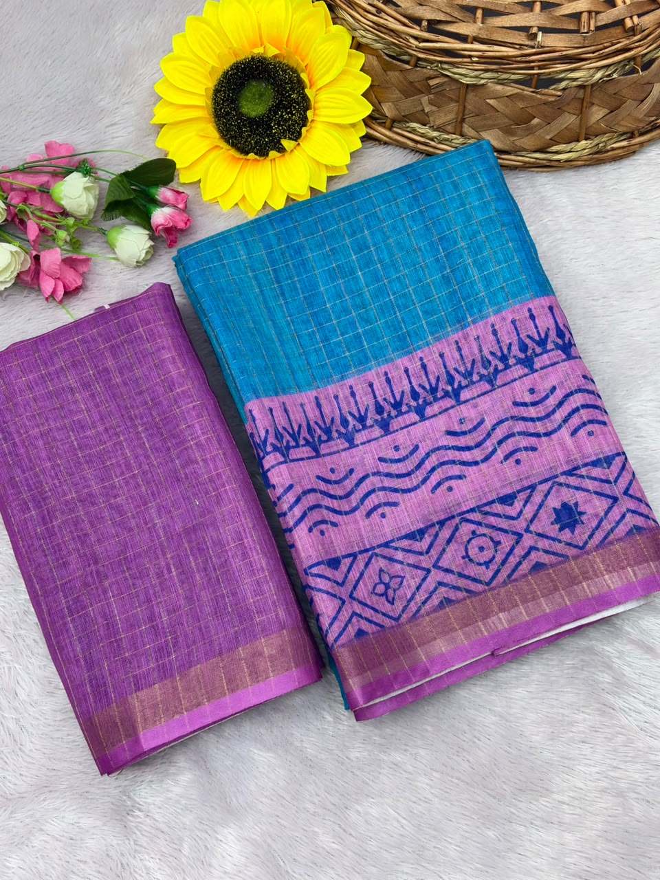 Peachmode Teal Blue Linen Cotton Checks Weave Digital Print Saree - Image 7