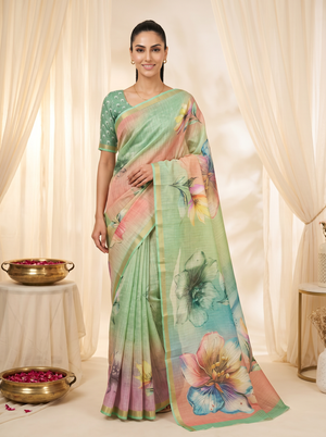 Peachmode Mint Green Linen Cotton Checks Weave Digital Print Saree - Image 1