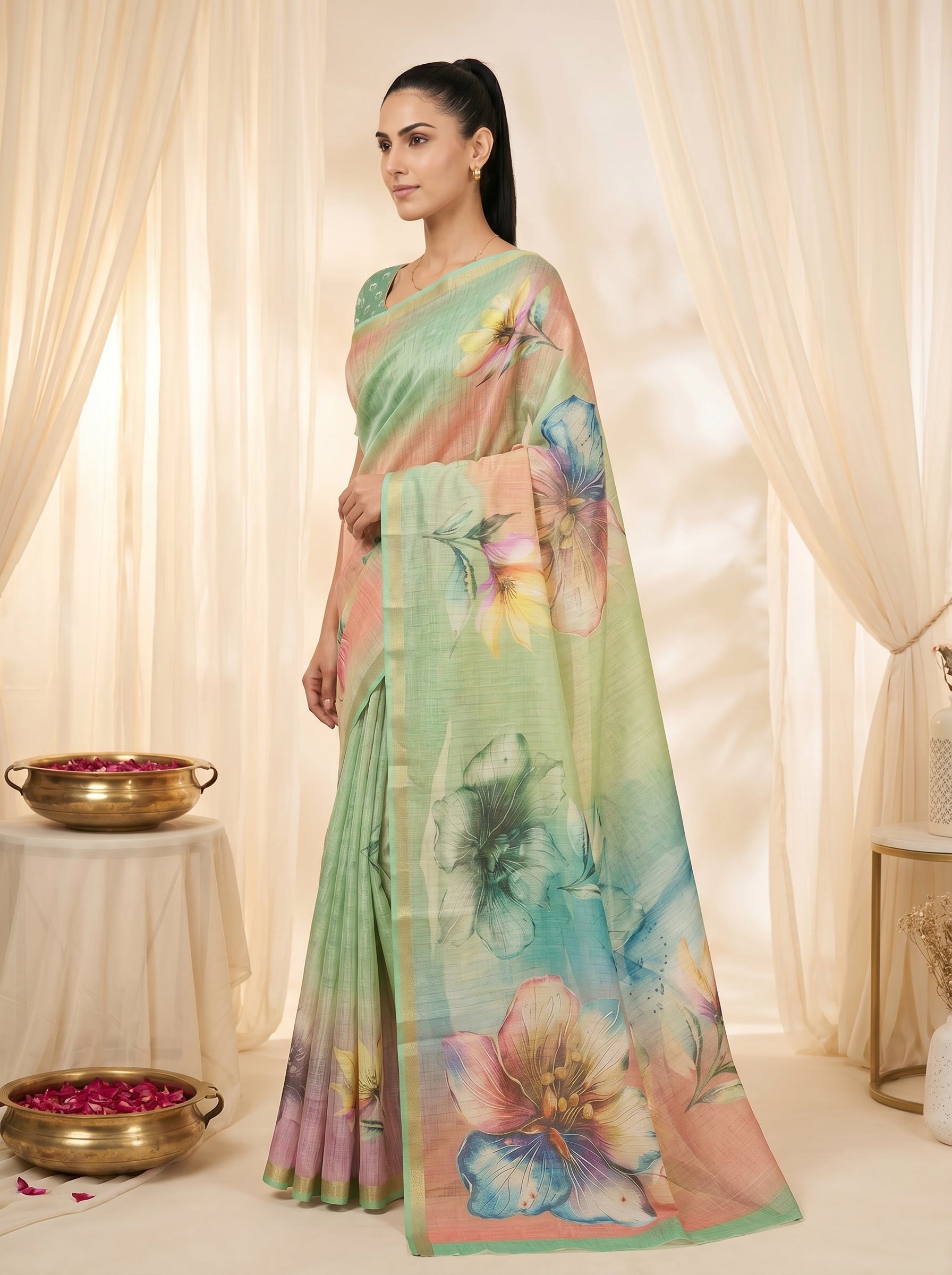 Peachmode Mint Green Linen Cotton Checks Weave Digital Print Saree - Image 4
