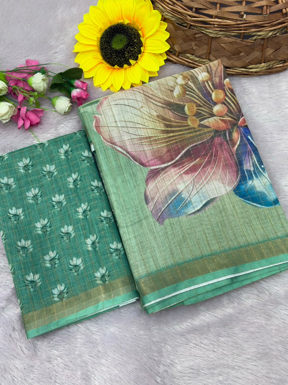 Peachmode Mint Green Linen Cotton Checks Weave Digital Print Saree - Image 5