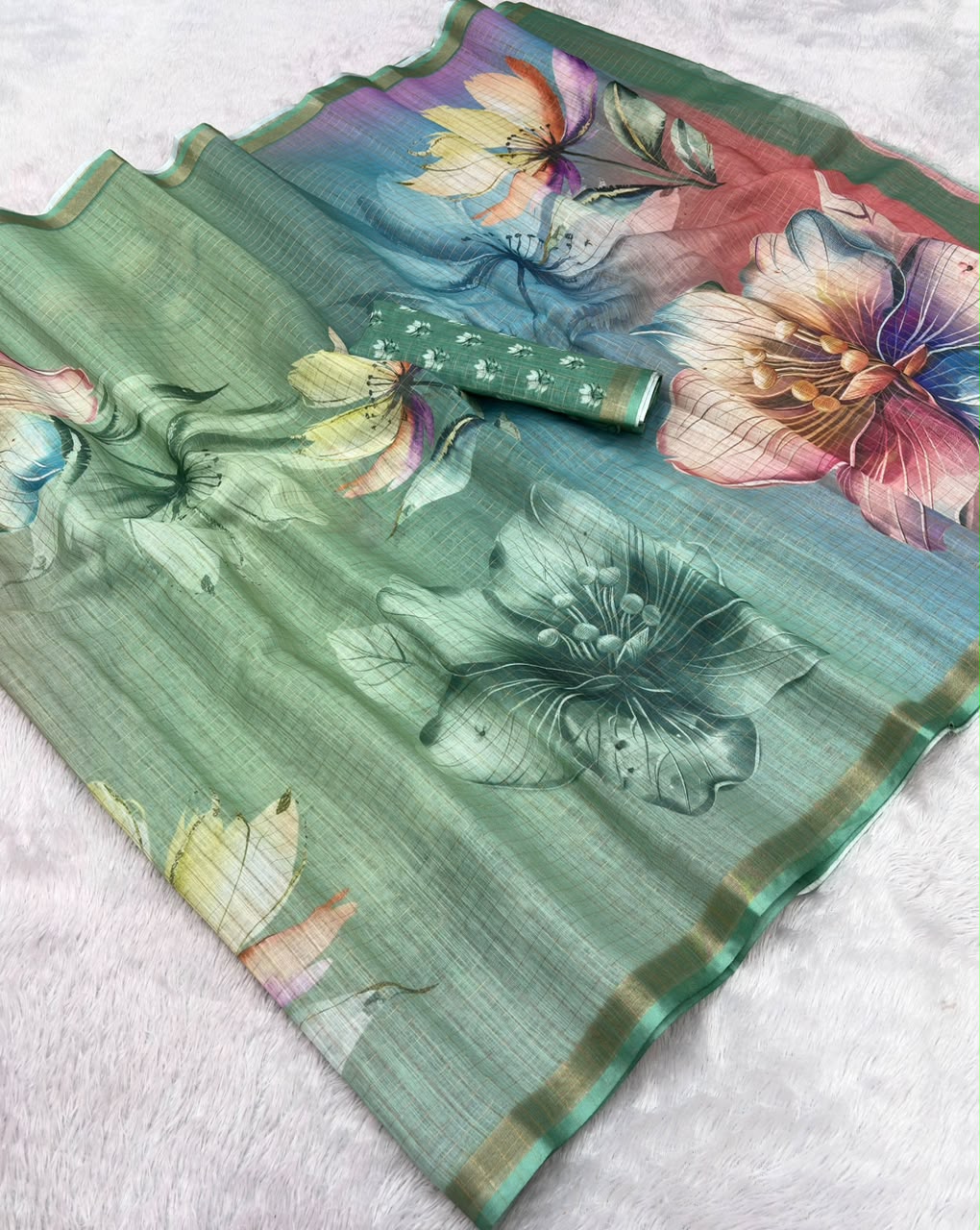 Peachmode Mint Green Linen Cotton Checks Weave Digital Print Saree - Image 6