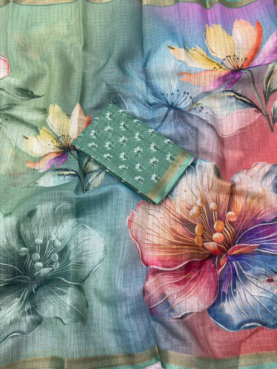Peachmode Mint Green Linen Cotton Checks Weave Digital Print Saree - Image 7
