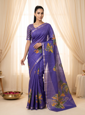 Peachmode Purple Linen Cotton Checks Weave Digital Print Saree - Image 1