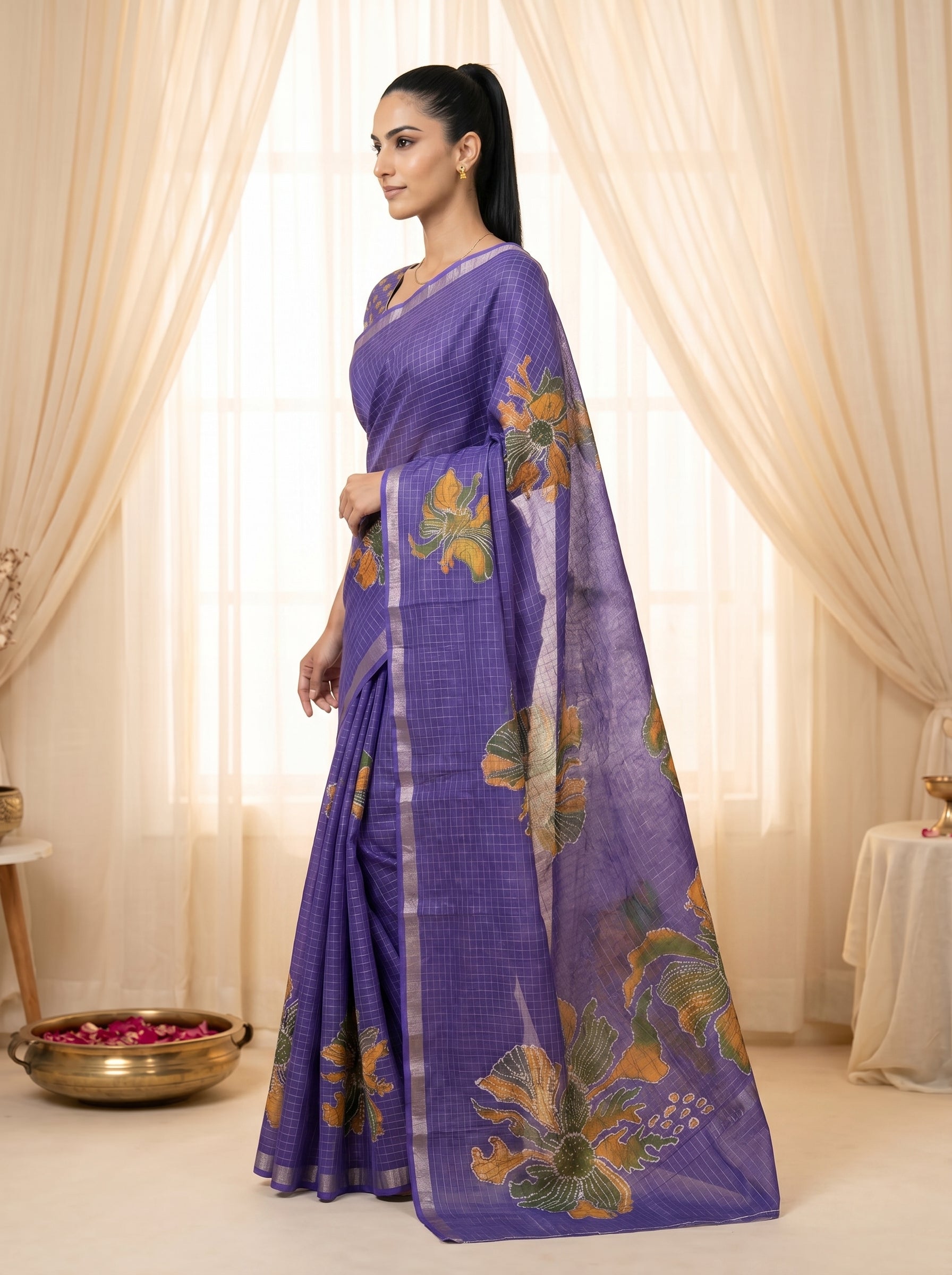 Peachmode Purple Linen Cotton Checks Weave Digital Print Saree - Image 4