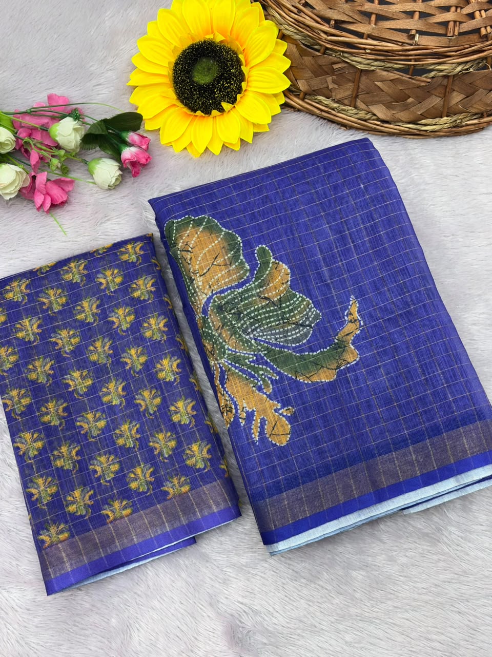Peachmode Purple Linen Cotton Checks Weave Digital Print Saree - Image 5