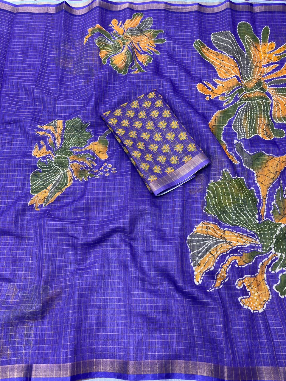 Peachmode Purple Linen Cotton Checks Weave Digital Print Saree - Image 6
