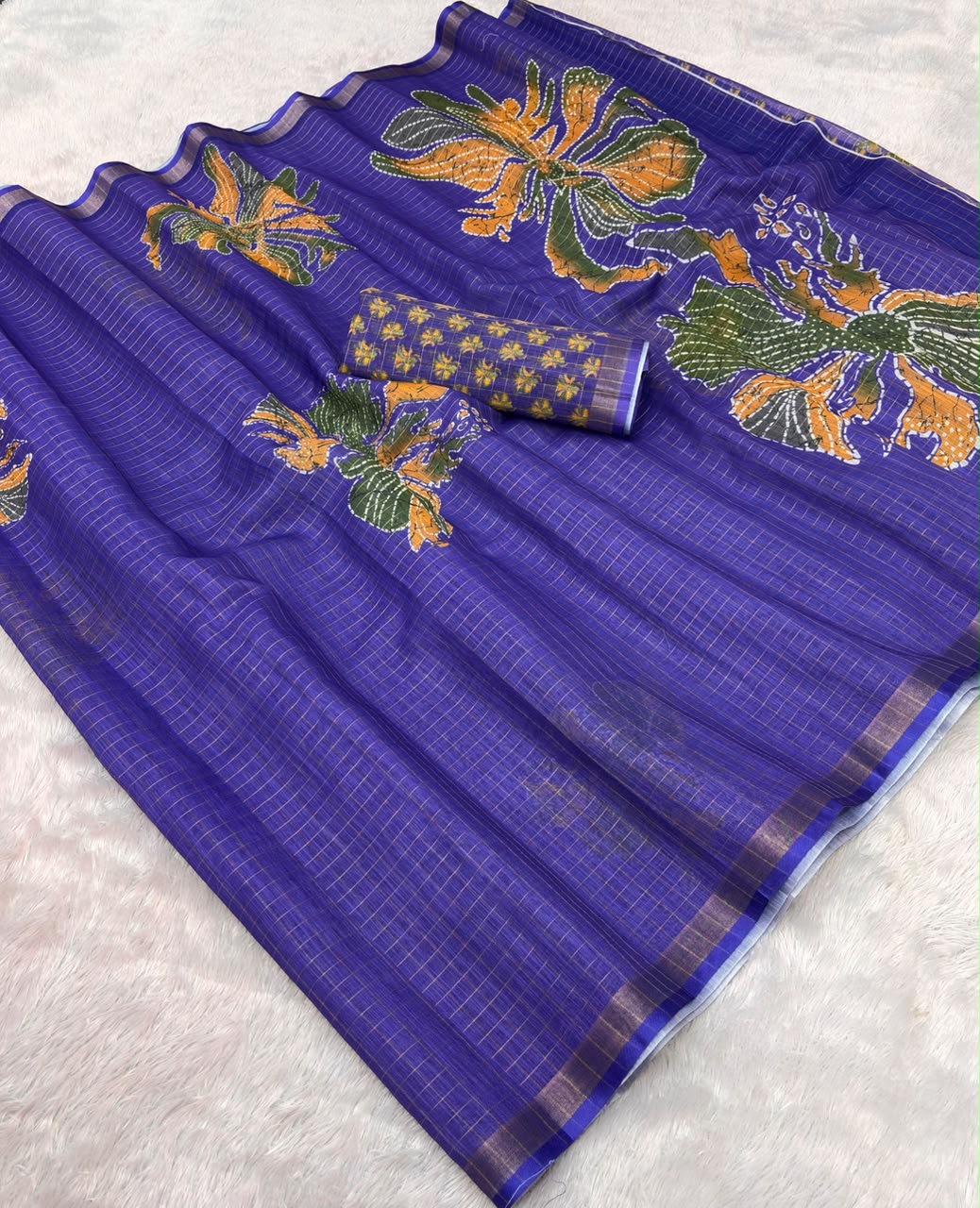 Peachmode Purple Linen Cotton Checks Weave Digital Print Saree - Image 7