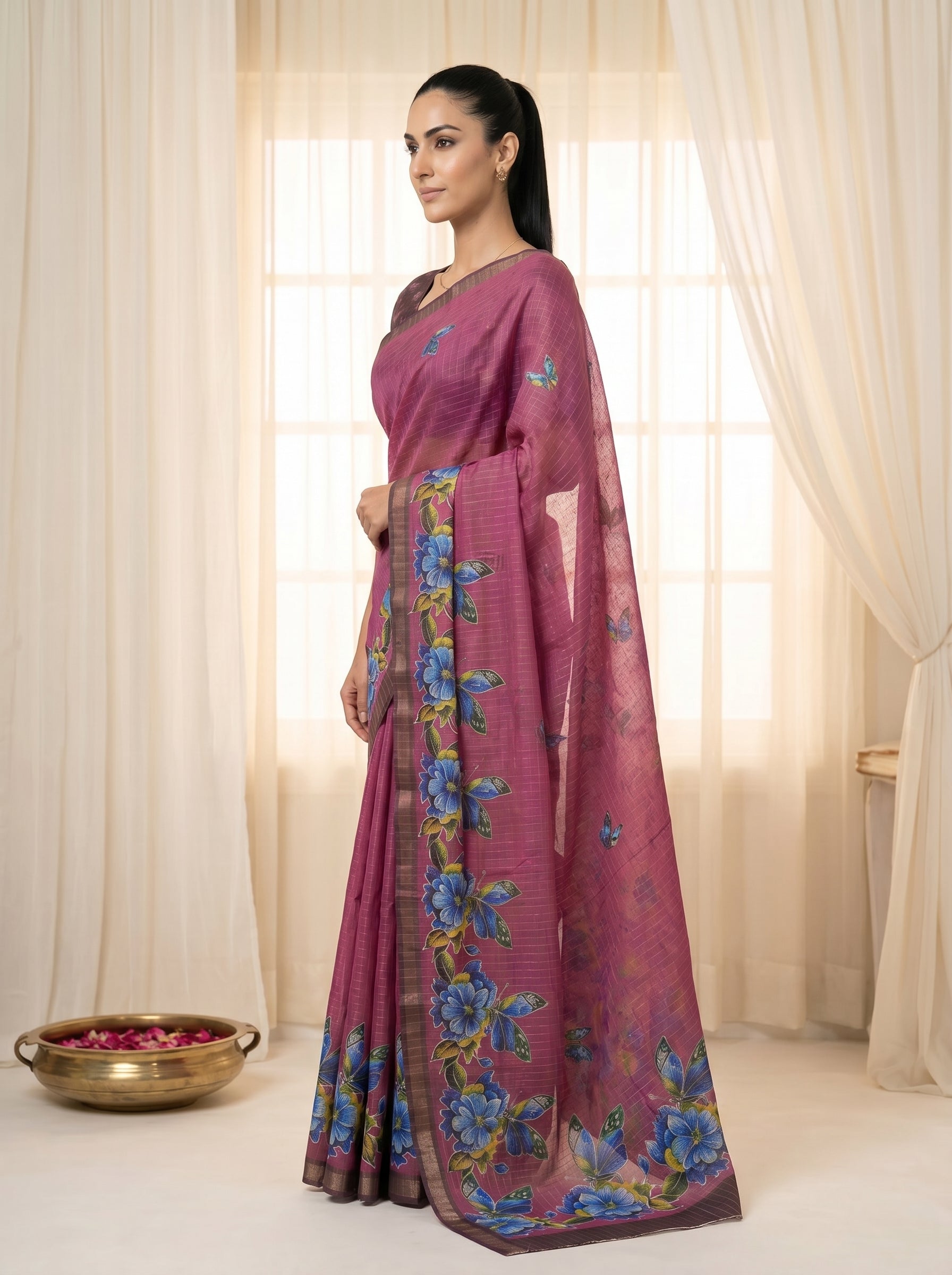 Peachmode Magenta Linen Cotton Checks Weave Digital Print Saree - Image 4